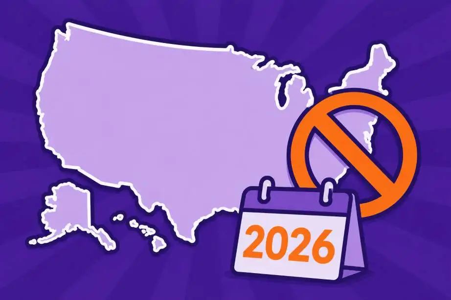 US map with 2026 calendar and prohibition sign on purple background.